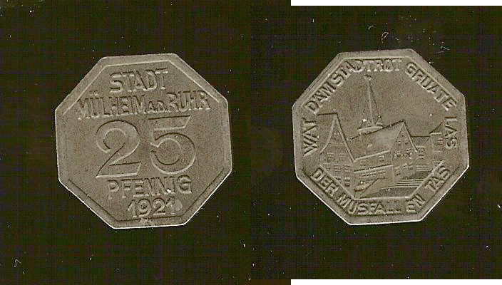 Allemagne Notgeld Stadt. Mulheim Ruhr 25 pfennig 1921 sup